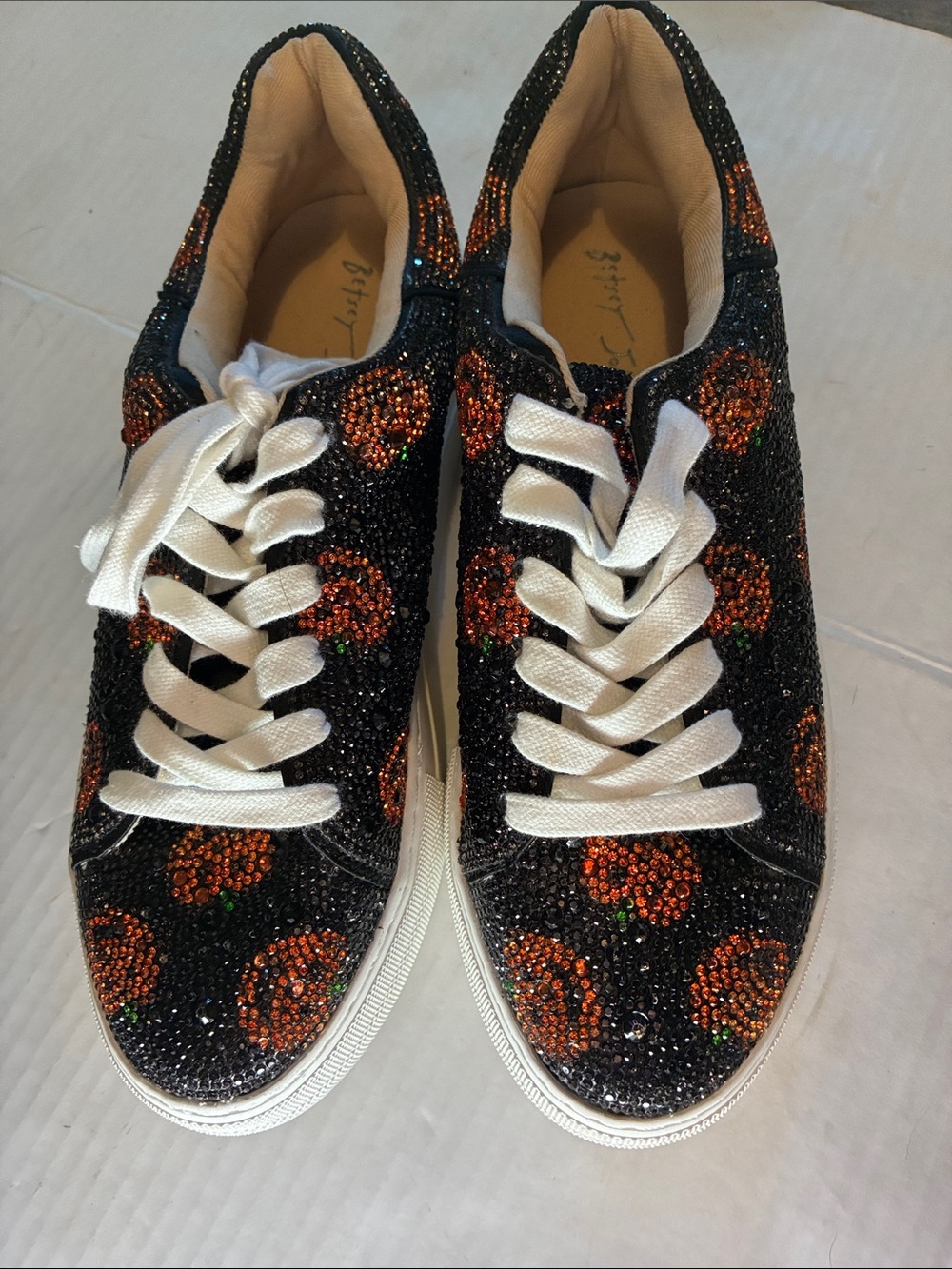 Betsey Johnson Black Sequin Sneakers with Orange Pumpkin Accents